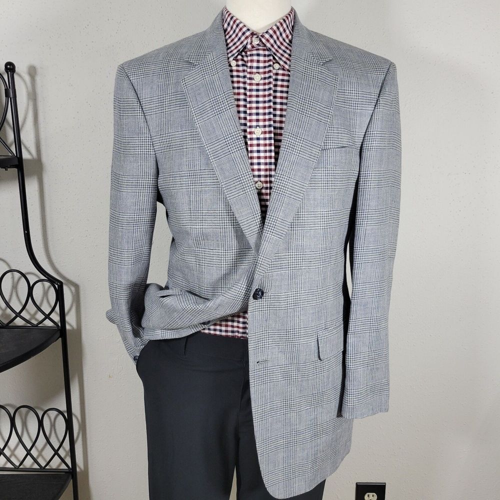 JOS A BANK Mens Sport Coat Blazer Two Button Blue Gray Plaid Silk Wool Linen 41L